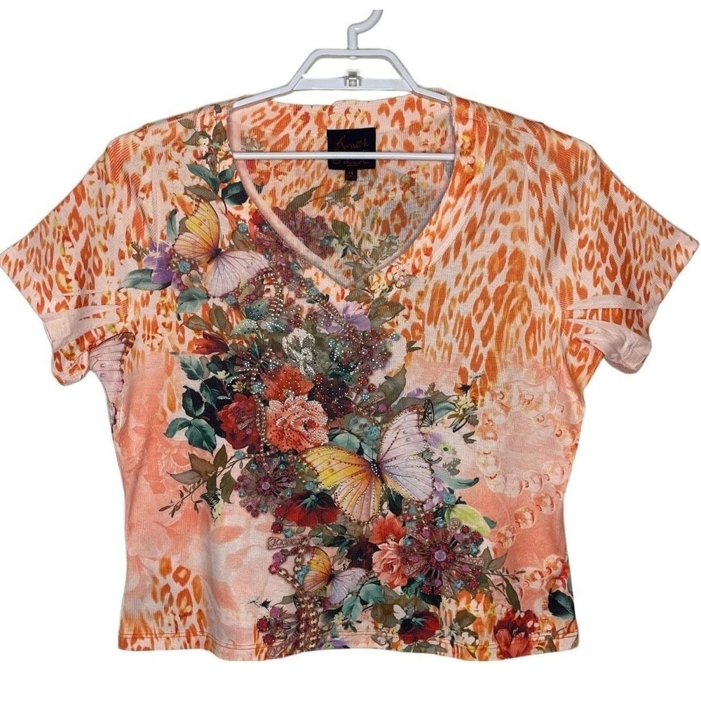 Vtg‎ FRENCH BLUE Orange Boxy Tee Butterfly Rhinestone Cheetah Y2K Fairy Sz 1X